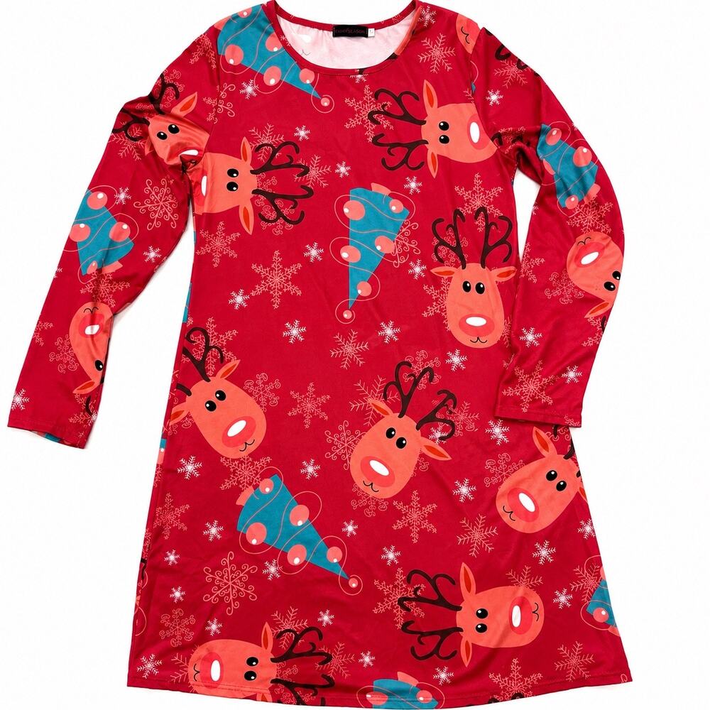 Fairyseason Women’s Christmas Reindeer Dress Red Long Sleeve Holiday Tunic